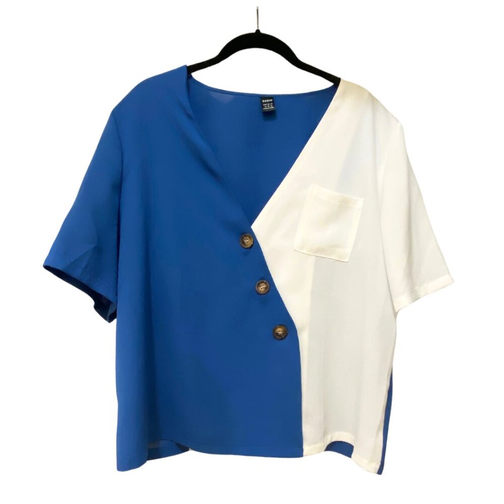 Oversized Button Blouse - Women's - Blue and White - Size 12